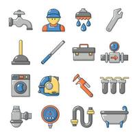 Plumber symbols icons set, cartoon style vector
