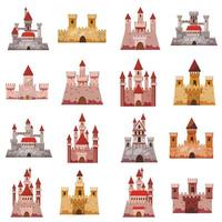 Castle tower icons set, cartoon style vector