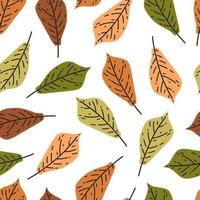 Autumn leaves seamless vector pattern. Hand drawn plant on a stem. Vintage leaves of linden, alder, elm, beech. Flat style, botanical background in pastel colors. Foliage of a forest, garden tree