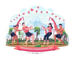 People celebrate Indonesian Independence Day by participating in Tug of war or Tarik Tambang game competition. Vector illustration in flat style