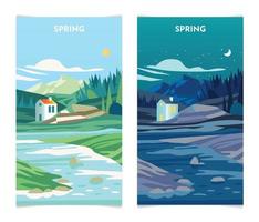 paisaje primaveral de día y de noche. ilustración de vector de plantilla de conjunto de banners de temporada de primavera