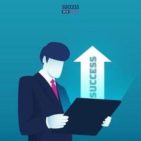 Businessman holding a tablet and success arrow appears from the monitor screen. vector illustration