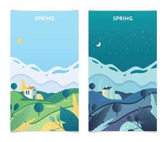 paisaje primaveral de día y de noche. ilustración de vector de plantilla de conjunto de banners de temporada de primavera