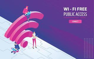 Isometric People working on laptops sitting on a big wifi sign in the free internet zone. Free hotspot, public assess zone, portable device concept background. Vector 3d Illustration, landing page