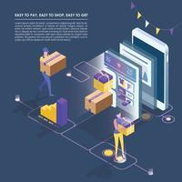 Isometric smart phone online shopping,   mobile store, distant trade, e-commerce flat isometric vector concept. Modern web design