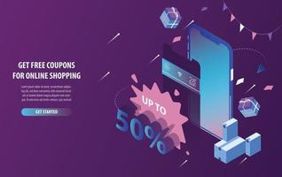 Isometric free discount coupons online shopping, mobile store, and e-commerce in smart phone with purple and blue background. Modern web design vector