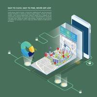 Isometric plan with buildings on smart phone and  Map location on mobile application. 3d vector illustration. EPS 10