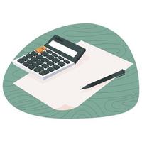 Calculator, pen and piece of blank paper with green bubble isolated on white background. Preparation to start work. Flat design vector illustration