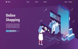 Isometric online shopping, mobile store, and e-commerce in smart phone with purple and blue background. Modern landing page web design concept