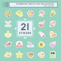 Sticker line cut Set Fish and Seafood. suitable for seafood symbol. simple design editable. design template vector. simple illustration vector