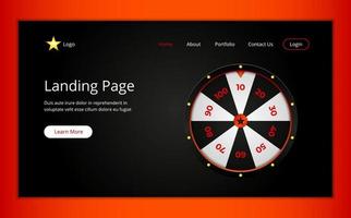 Landing page site template with Casino fortune wheel on dark background. Jackpot lucky number roulette. Header design vector illustration concept for website development