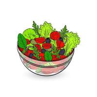 Greek salad in a bowl. Sketch vector illustration of tomato, olive. Simple vegetable meal icon design. Healthy food concept
