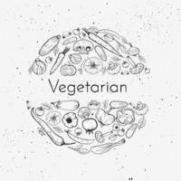 fondo de grunge vectorial con conjunto de verduras y lugar para el texto. sketch doodle comida vegana en marco de círculo ilustración de dibujo orgánico para menú de restaurante vegetariano o receta o paquete vector