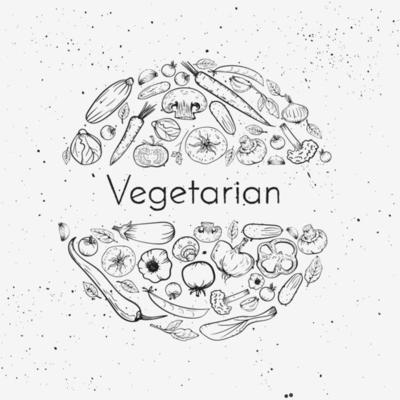 Vector grunge background with vegetables set and place for text. Sketch doodle vegan meal in circle frame organic drawing illustration for vegetarian restaurant menu or recipe or package