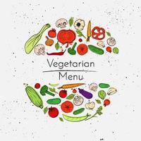 Vector grunge background with vegetables set and place for text. Sketch colorful doodle meal in circle frame organic drawing illustration for vegetarian restaurant menu or recipe or package