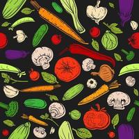 Seamless pattern healthy food vector black background. Poster or banner with hand drawn sketch vegetables tomato, cucumber, pepper, garlic, mushrooms for package, menu, recipe, cooking