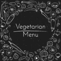 Vector blackboard background with sketch chalk vegetables and place for text. Doodle food in circle frame organic vegan drawing illustration for restaurant menu