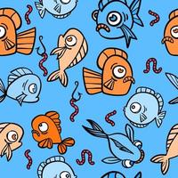 Seamless pattern with hand drawn funny fishes in sketch style, vector illustration, decorative marine with bubble and worms.