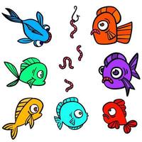 peces divertidos dibujados a mano en estilo de boceto colorido, ilustración vectorial, marina decorativa con burbujas y gusanos. vector