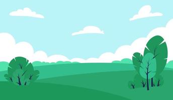 Meadow with green trees landscape field and blue sky, ecology concept, banner. Vector illustration.