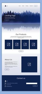 Landing page site template with trendy forest silhouette and moon on dark blue background. Header and footer. Ecological botanical design vector illustration concept for website development