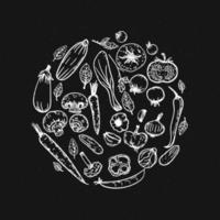 Vector blackboard background with vegetables set cucumber, mushroom, carrot, tomato, garlic, pepper. Sketch grunge chalk doodle food in circle frame hand drawing illustration for restaurant menu