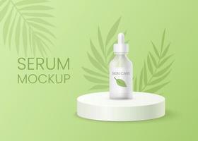 Promotion banner for natural beauty products, skincare mockups with green tropic leaves. Advertising template scene for serum in a white transparent glass bottle, essential oil 3d illustration. vector