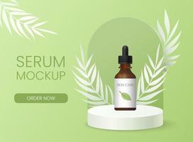 Promotion site banner for natural beauty products, skincare mockups with green tropic leaves. Advertising web template scene for serum in a brown glass bottle, essential oil 3d illustration. vector