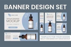 Big set of web banners. Natural or organic skin care product ad template. Bottle mock up 3d illustration on blue background. Serum realistic dropper with pipette, abstract banner for cosmetics. vector