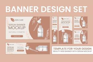 Big set of banners. Natural or organic skin care product ad template. Bottle mock up 3d illustration on peach pastel background. Serum realistic dropper with pipette, abstract banner for cosmetics.