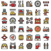 Tire fitting icons set, outline style vector