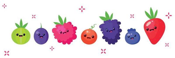Forest berry and fruit plant. Sweet flavor jelly candy funny cute face. Juicy fresh berries, raspberry, gooseberry, lingonberry, blueberry, blackberry, strawberry, cartoon vector. Aroma therapy oil vector