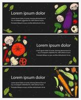 Banner template set. Vector hand drawn farmer's market illustration. Vintage sketch vegetables. Retro organic food on black background. Locally grown