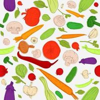 Healthy organic food seamless pattern sketch vintage vegetables tomato, cucumber, pepper, garlic, mushrooms for vegan package, menu, recipe, cooking vector