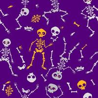 esqueletos divertidos en diferentes poses de patrones sin fisuras para el diseño de halloween. sobre el fondo violeta. ilustración vectorial vector