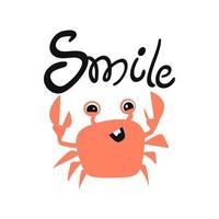 Vector marine themed hand drawn coral cartoon crab with smile on the white background. Child Illustration.