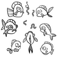 peces divertidos dibujados a mano en estilo de boceto de línea, ilustración vectorial, marina decorativa con burbujas y gusanos. vector