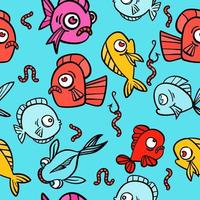 Seamless pattern with hand drawn funny fishes in sketch style, vector illustration, decorative marine with bubble and worms.