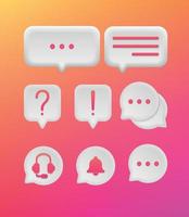 estilo de neumorfismo del símbolo de signo de pensamiento. conjunto de icono 3d habla texto de burbuja, cuadro de chat, cuadro de mensaje, pregunta, timbre, admite diseño de ilustración vectorial realista. en el fondo rosa.