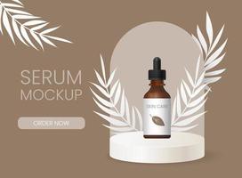 Promotion banner for natural beauty products, skincare mockup with  tropic leaves. Advertising template scene for serum in a brown transparent glass bottle with pipette, essential oil. vector
