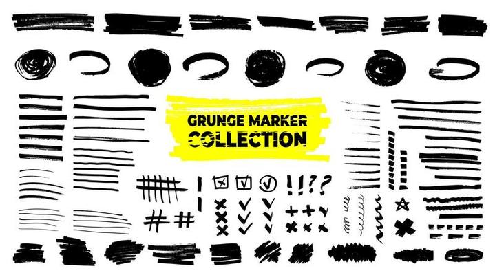 Big set of grunge roughly torn shapes. Marker highlighter collection. Vector background. Edge frames bundle. Distressed strokes, spots, borders and dividers. Hand drawn doodle design elements