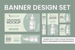 Big set of web banners. Natural or organic skin care product ad template. Bottle mock up 3d illustration on green background. Serum realistic dropper with pipette, abstract banner for cosmetics. vector