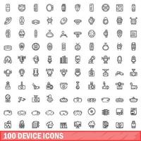 100 device icons set, outline style vector