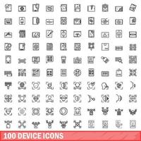 100 device icons set, outline style vector