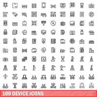 100 device icons set, outline style vector