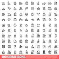 100 iconos de bebida, estilo de esquema vector