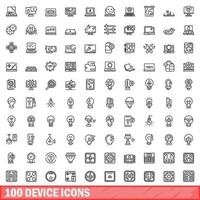 100 device icons set, outline style vector