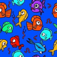 Seamless pattern with hand drawn funny fishes in sketch style, vector illustration, decorative marine with bubble and worms.