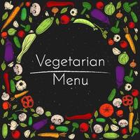 Vector grunge background with vegetables set and place for text. Sketch colorful doodle meal in circle frame organic drawing illustration for vegetarian restaurant menu or recipe or package