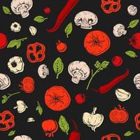 Seamless pattern with hand drawn sketch vegetables tomato, pepper, garlic, mushrooms for pizza recipe, package, menu, cooking. Healthy food vector black background, poster or banner